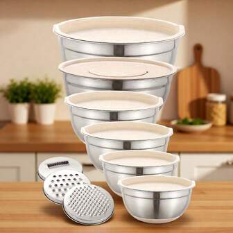 6-delat set med blandningsskålar i rostfritt stål (32.12 oz - 1.72 gallon) med tätningslock och 3 rivjärnstillbehör - Halkfri botten, multifunktionellt köksredskap, perfekt för blandning och servering - Kitchen Baking Essential