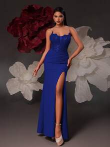 VIPGIRL Red Sequin Patchwork High Slit Elegant Sexy Women's Formal Evening Gown - Royal Blue - View 7