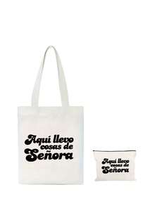 男女通用手提袋套装，包括单肩包和化妆包，简约学院风，印有英文字母，帆布材质，便携购物袋，米色购物袋，白色文具袋，可折叠耐用印花手提袋，妈妈包，健身包，大容量，适合通勤、上学和大学使用，适合作为送给老师、同学、妻子和家人的礼物，圣诞节，感恩节礼物。 - 彩色 - 查看 17