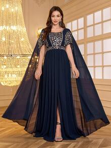 SUPGIR Women's Square Neck Dolman Sleeve Waist Cinched Luxurious Jewel Embroidered Ruffle Hem Split Hem Evening Gown - Navy Blue - View 3