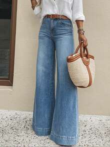 Teen Girls' Casual Vacation & Commute Versatile Elastic Comfortable Loose Wide-Leg Jeans, Belt Not Included - Medium Wash - View 3