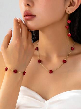 1 Set de joyería elegante y versátil con forma de corazón de rhinestone para el Día de San Valentín. Conjunto de collar con colgante en forma de corazón y joyería para mujeres, adecuado para uso diario y decoración de festivales, mejor regalo