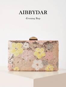 AIBBYDAR 女士晚宴手拿包（随机花卉图案），粉色串珠手提包，盒形，按扣设计，适合搭配晚礼服，可作便携钱包、化妆包，配有可拆卸金属肩带，适合舞会、派对、聚会、婚礼、节日派对等场合。 - 粉色 - 查看 1