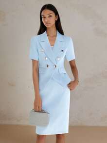 2pcs/Set Double-Breasted Suit Dress, Short Sleeve, High-Quality Elegant Professional Fitted Commuter Flat Lapel Comfortable Versatile Suit Dress Summer - Blue - View 4