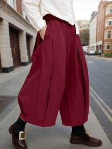 Quần dài nữ cỡ lớn mùa Thu/Đông, màu trơn, ống rộng, kiểu quần lửng có túi, đa năng mặc hàng ngày. - Màu Đỏ Sâu - Xem 3