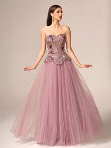 VIPGIRL Đầm dạ hội dài, sang trọng, không dây vai, dáng xòe, chất liệu lưới, đính sequin, điểm nhấn là các chi tiết sequin tương phản. - Hồng - Xem 6