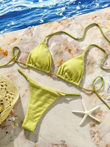 Suntide Sexy Women 2 Pieces Bikini Set - Avocado Green Jacquard Fabric, Accented With White Ombre Beads, Spring Beach Party Holiday Swimwear - Olive Green - View 6