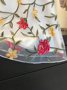 Girls Fashionable Floral Embroidered Tulle Princess Dress, Summer - White - View 5