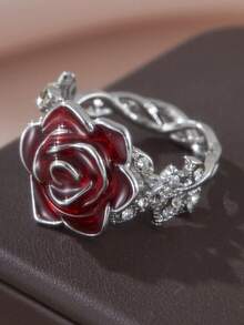 1枚复古红色玫瑰和叶子镶嵌闪亮立方氧化锆女士戒指，情人节、周年纪念日、订婚、结婚、圣诞节优雅珠宝，甜美酷女孩派对礼物 - 玫瑰戒指 - 查看 7