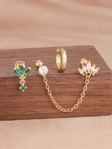 3PCS Exquisite Light Luxury Stainless Steel Crown Chain Tassel Zirconia Hoop Earrings Set For Women 18K Gold Plated Unique Earrings Cartilage Piercing Jewelry - 3pcs for One Ear - View 1