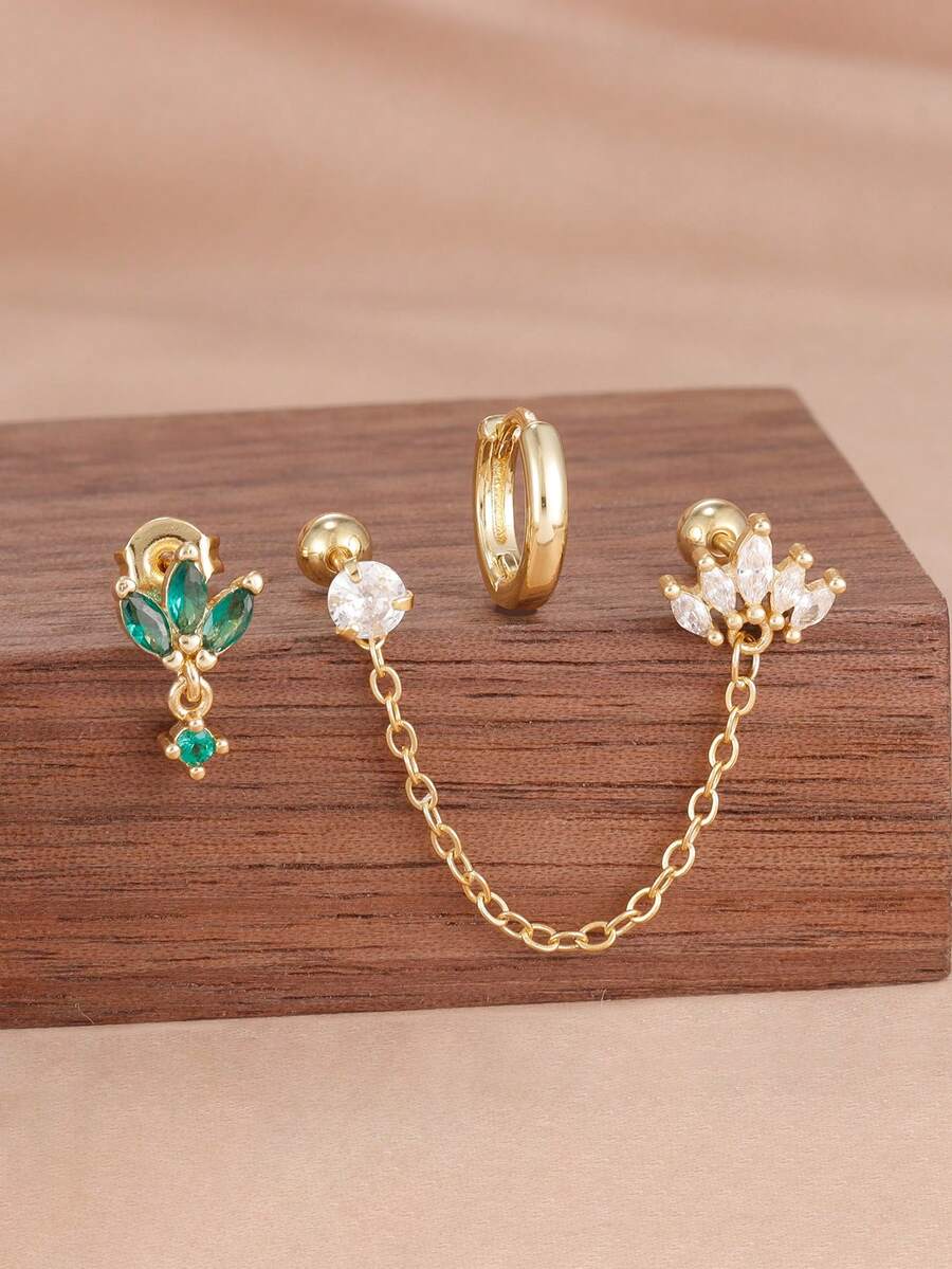 3PCS Exquisite Light Luxury Stainless Steel Crown Chain Tassel Zirconia Hoop Earrings Set For Women 18K Gold Plated Unique Earrings Cartilage Piercing Jewelry - 3pcs for One Ear - View 1