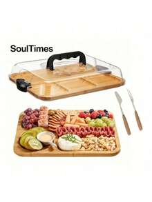 便携式竹制托盘套装，带透明盖和隔层，是旅行、野餐和聚会的理想之选。厨房用品。完美的食物展示和乔迁礼物。开斋节厨房用品。适合户外用餐。情侣礼物、婚礼、订婚、乔迁、交换礼物、新娘送礼会、圣诞礼物。