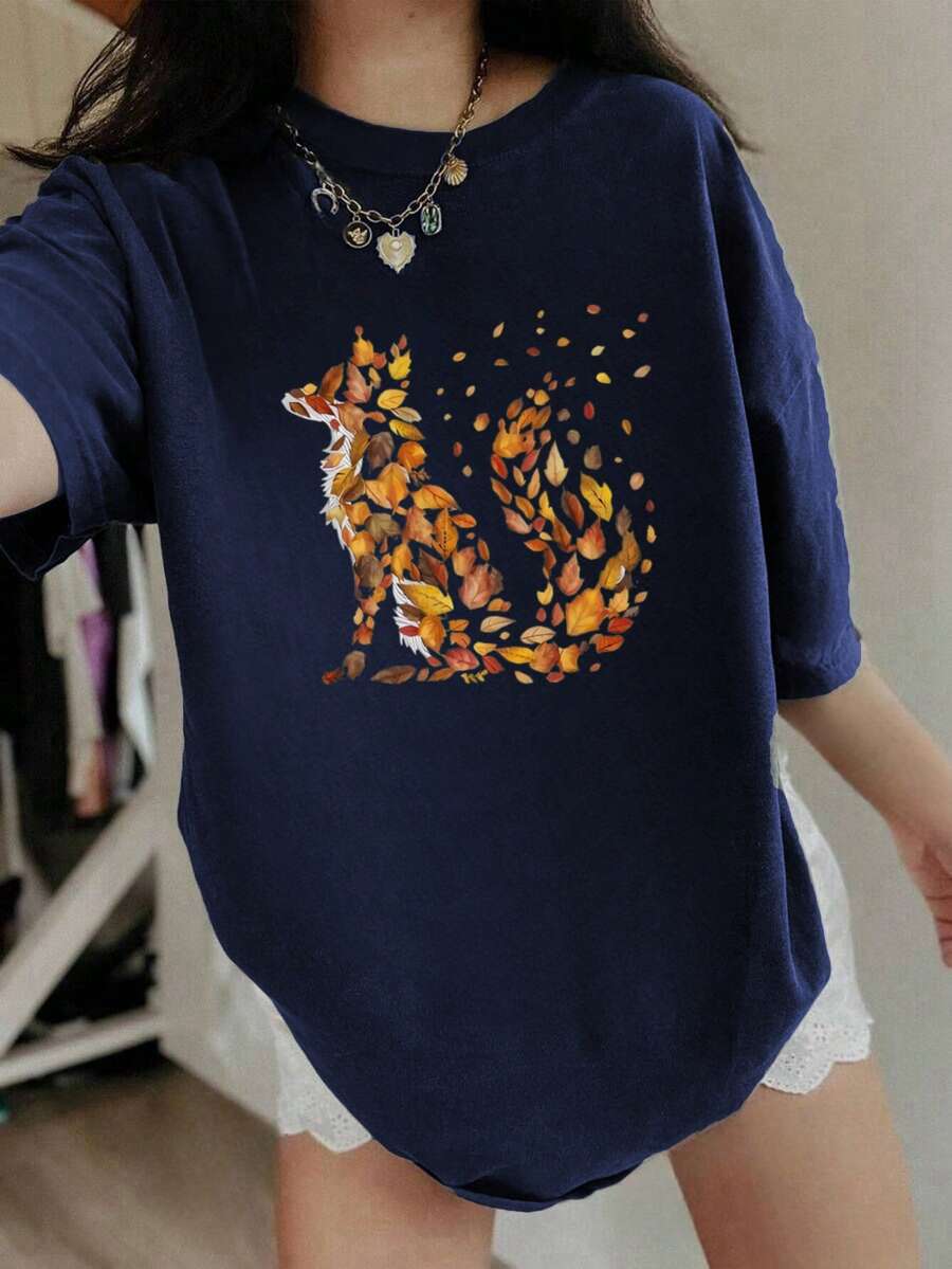 1件女童休闲印花圆领短袖T恤，夏季学生少女装 - 简约英文字母风格T恤，激发想象力和自我表达 - 藏蓝色 - 查看 1