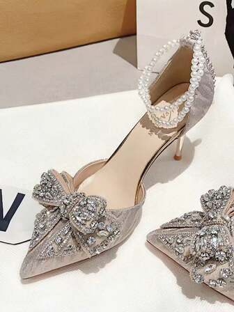 Summer Fashion Pointed Toe Sandals, Women's Rhinestone & Pearl Butterfly High Heel Shoes For Party, Wedding, Plus Size