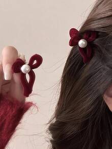 2pcs Bow Pearl Hair Clips Women Hair Claw Hair Clutch Winter Hair Accessories - Burgundy - View 1
