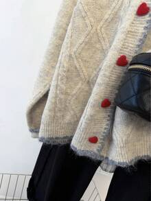 JIANHU 甜心纽扣针织开衫，复古麻花毛衣，适合圣诞节和冬季礼物 - 杏色 - 查看 9