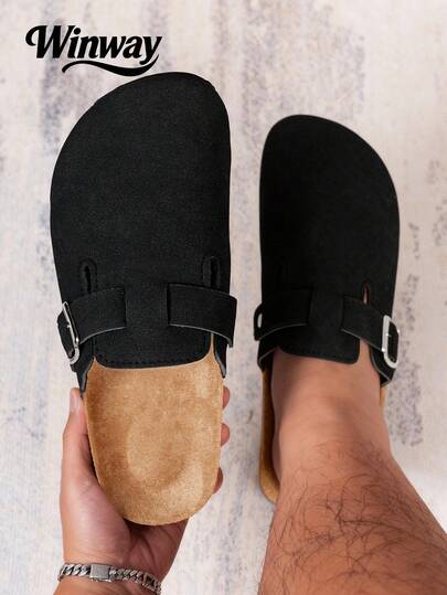 Herrskor med bred passform, nya våriga vintage slip-on-skor, platta tofflor utan rygg och justerbar rem
