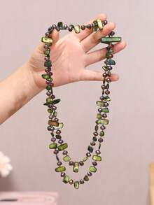 1pc Fashionable Geometric Beaded Necklace, Elegant Retro Bohemian Natural Style Imitation Shell Beaded Multi-Color Long Necklace, Colorful Shell & Glass Multi-Layer Necklace, Women's Long Sweater Chain, Cross-Border Creative European And American Style Suitable For Women's Daily Wear, Parties, Holidays, Vacations, Daily Gifts, Jewelry Gifts