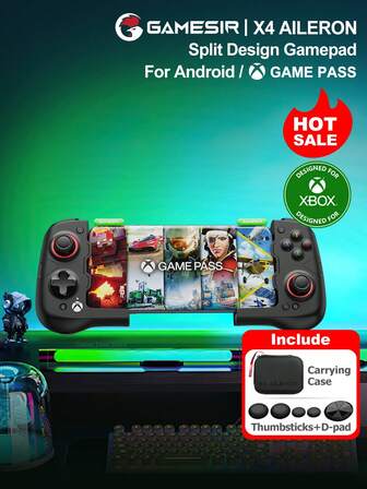  Gamepad Gamesir X4 Aileron Android izquierda derecha para juegos móviles, con licencia oficial de Microsoft, diseño dividido, compatible con Game Pass, STADIA, XCloud, GeForce Now Cloud Gaming, con estuche de transporte. 1 pieza de gamepad plegable negro para teléfono con joysticks de efecto Hall, gatillos, 16 millones de luces RGB, botones de microinterruptor de nivel esport, 2 botones mapeables en la parte posterior, de tamaño de bolsillo para fácil transporte.