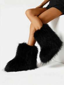 Women's Faux Fur Boot Furry Fluffy Round Toe Suede Winter Comfy Plush Warm Short Outdoor Indoor Flat Shoes Mid-Calf Boots Fashion Boots - 黑色 - 查看 4
