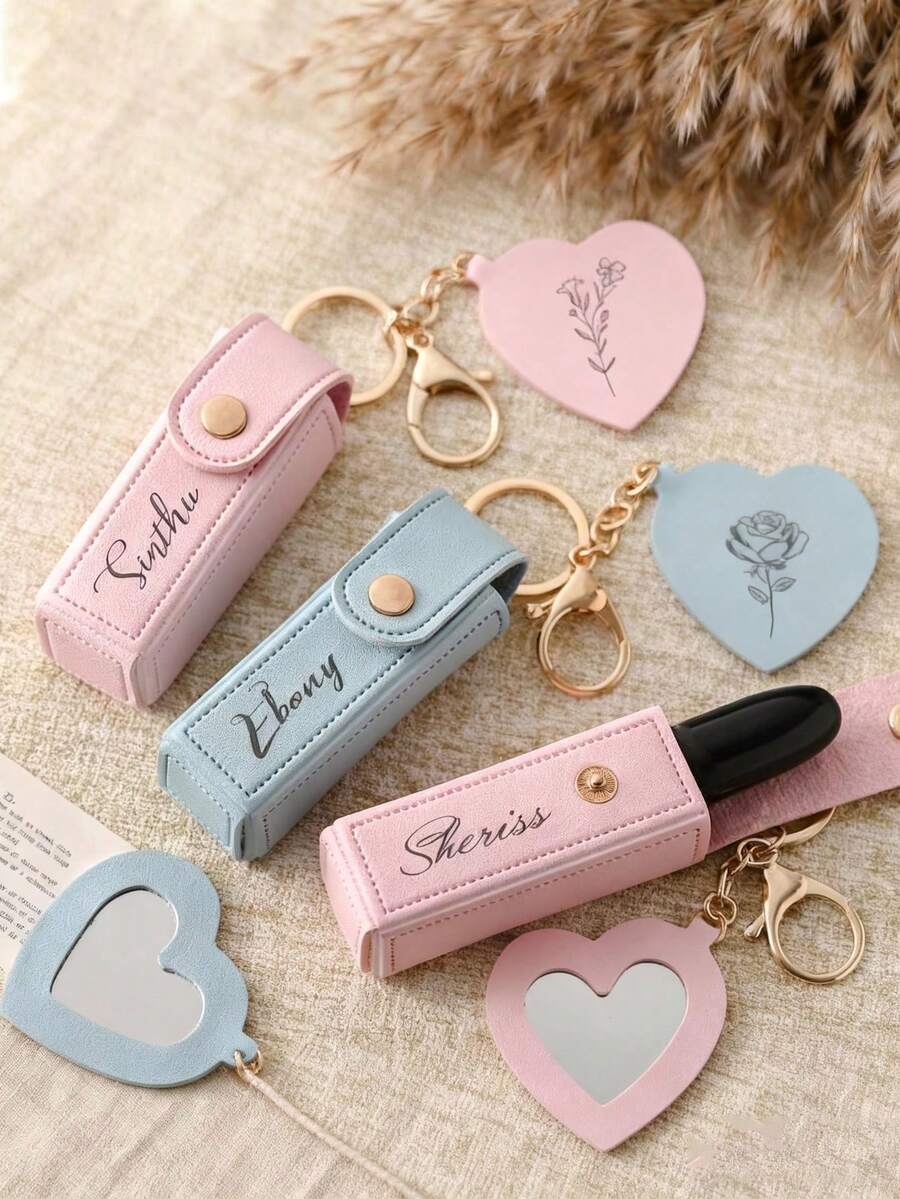 1pc Customized Personalized Lipstick Bag Keychain With Mirror Lipstick Case, Customizable Name Lipstick Storage Bag, Bridesmaid Gift, Valentine's Day Gift