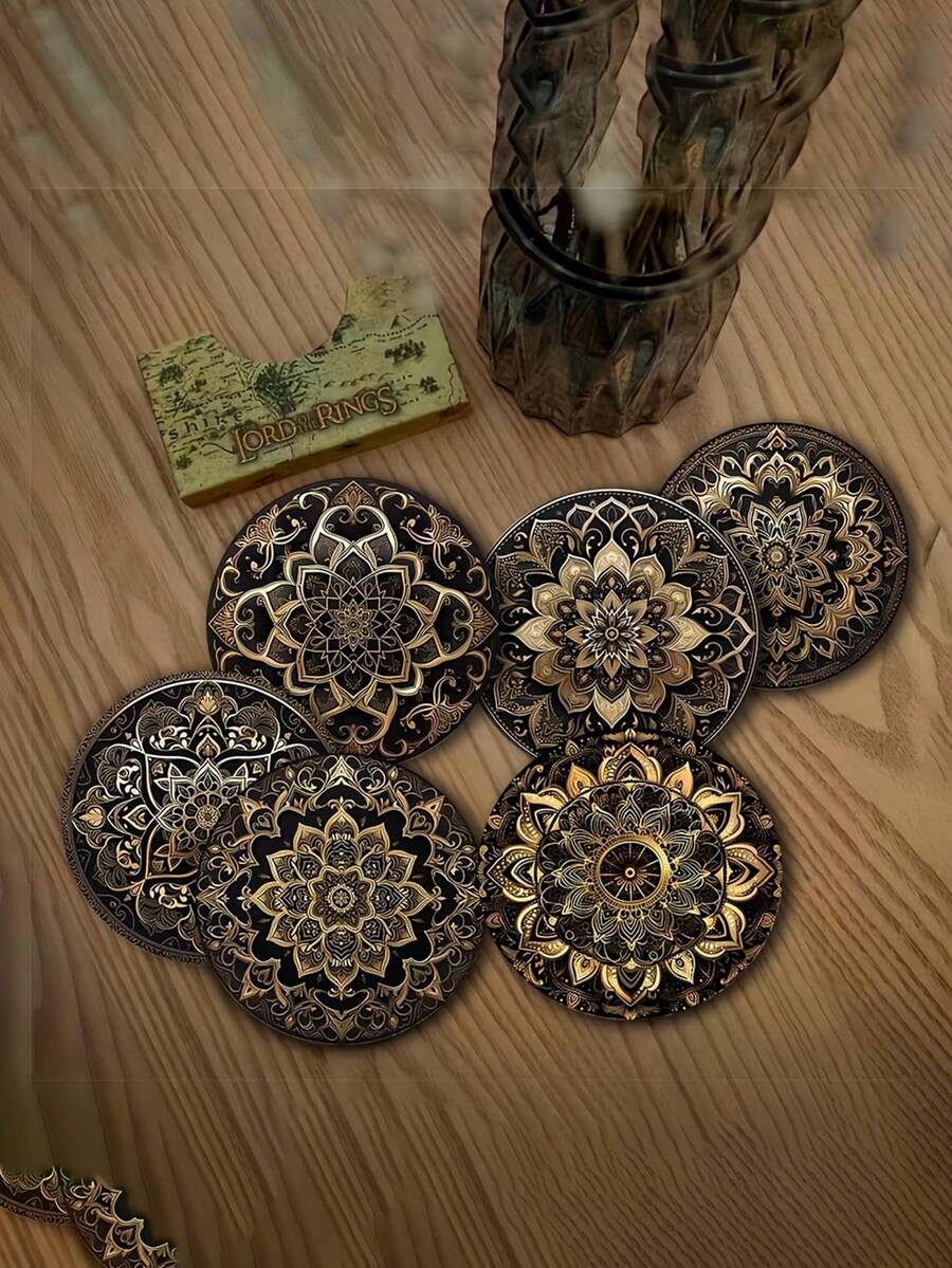 6pcs Gold Mandala Wooden Coasters - Durable & Long-Lasting, Perfect For Coffee, Tea & Other Beverages | Ideal Home & Restaurant Decor | Perfect Gift For Holidays & Birthdays | Heat Resistant Tableware Coasters, Kitchen Hot Pads - Multicolor - View 1