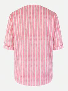 条纹纽扣前开襟休闲衬衫，居家、办公、日常穿着皆宜 - 粉色 - 查看 4