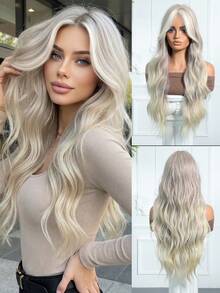 28 Inch Long Brown Synthetic Wig, Middle Part Blonde Long Curly Hair, Suitable For Women's Daily Wear, Cosplay, Natural And Realistic, Can Be Used For Halloween, Christmas, New Year, Carnival, Music Festivals, Ideal Gift For Girls, Summer Graduation, Holidays, And Perfect For Halloween And Christmas. - Blonde Highlight - View 3
