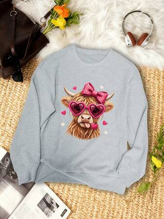 Women's Everyday Fun Cartoon Highland Cow Print Knitted Sweater, Round Neck, Long Sleeves, Casual And Fashionable, Perfect For Autumn And Winter. A Great Valentine's Day Gift! Women's Sweatshirt.