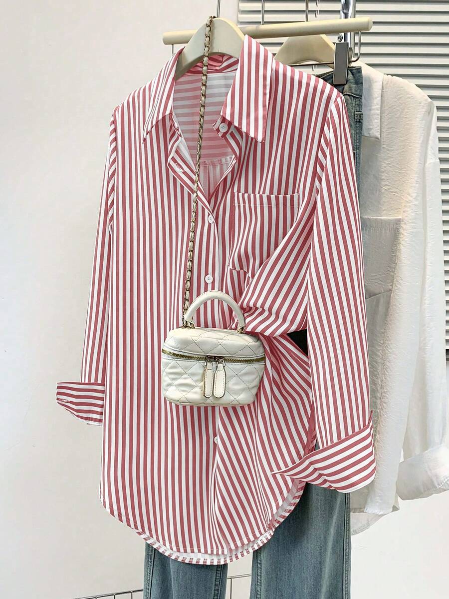 女士休闲基础款条纹尖领长袖衬衫，带纽扣口袋，适合日常办公穿着，秋冬春季皆宜 - 紅色 - 查看 1