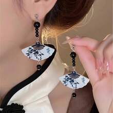 1 Pair Fashion Printed Acrylic Fan-Shaped Pendant Earrings For Women Party Banquet Vacation Wedding Jewelry Accessories - 長 - 查看 4