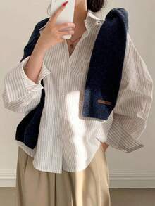 女士舒适休闲条纹通勤优雅纽扣衬衫 - 长袖，适合春、夏、秋季穿着，春夏秋新款，畅销款式 - 白灰條 - 查看 4