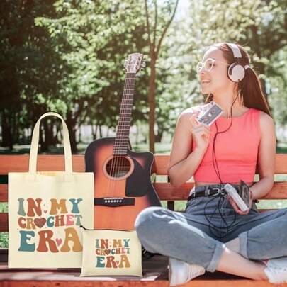 2pcs/Set 'In My Crochet Era' Pattern Shoulder Bag & Makeup Bag, Lightweight Foldable Canvas Bags Set, Travel Beach Birthday Gifts For Women Her Travel Bag Luggage Bag Duffle Bag Overnight Bag Large Capacity Durable Travel Organizer Cruise Essential Vacation Essentials For Men Women Travel Essential Holiday Essential Travel Must Haves