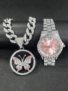 European And American Hip-Hop Style Jewelry Set For Men, Including Pink Sexy Tongue Lips Pendant, Butterfly Pendant, Heart Wing Pendant Paired With Pink Watch, Ideal Gift For Festivals And Parties - Pink - View 2