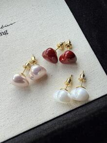 3对复古可爱心形珍珠耳钉，时尚简约，质感高端，适合日常佩戴和新年装扮 - 愛心三件套 - 查看 1