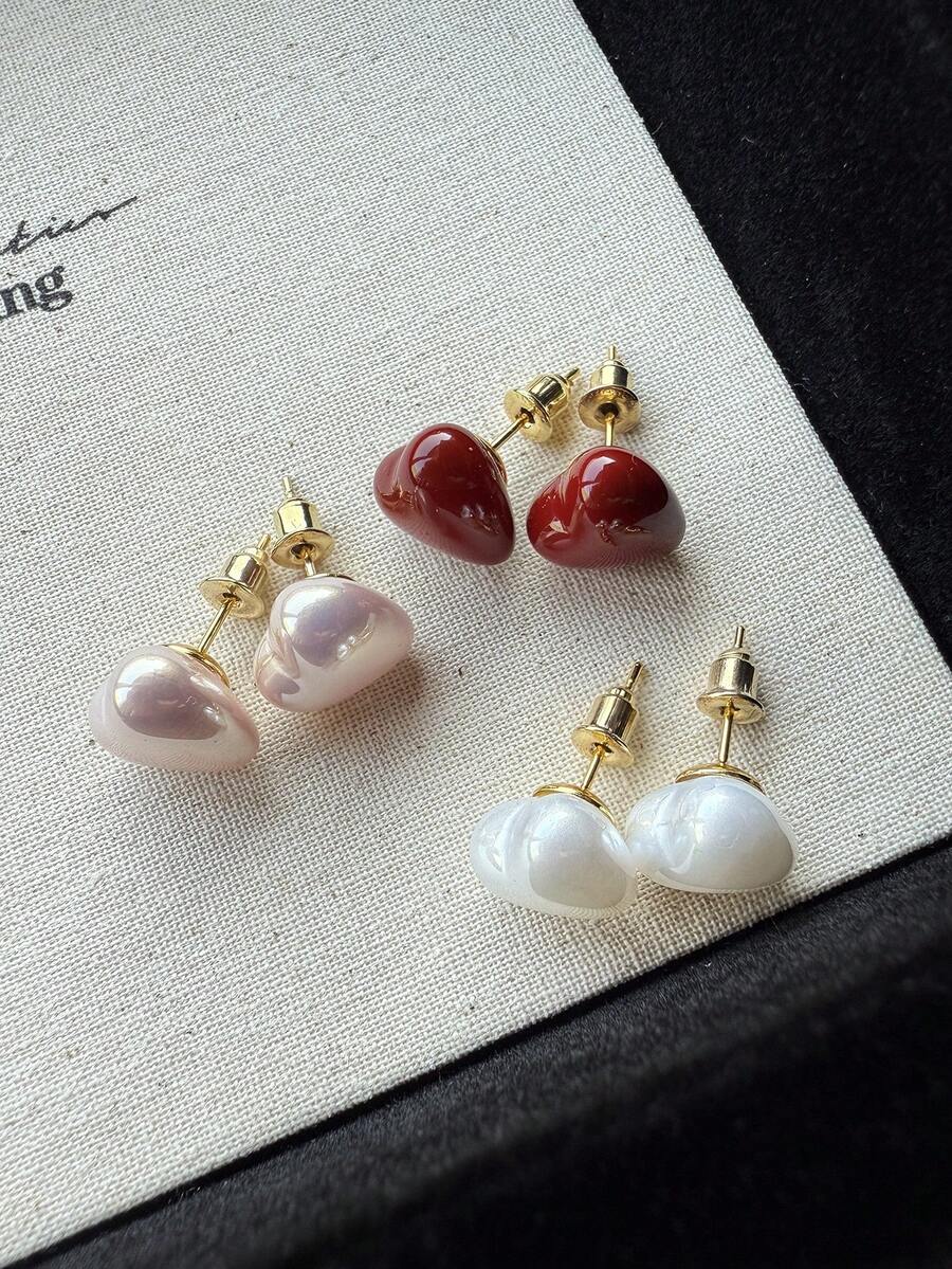 3对复古可爱心形珍珠耳钉，时尚简约，质感高端，适合日常佩戴和新年装扮 - 愛心三件套 - 查看 1
