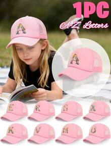 1pc Girls' Colorful Floral & Letter Decor Breathable Mesh Baseball Cap, 26 Letters Customizable, Sweet & Fresh , Lightweight Perforated Design, Suitable For Spring/Summer, Casual, School, Birthday, Holiday Gift - Pink - View 1