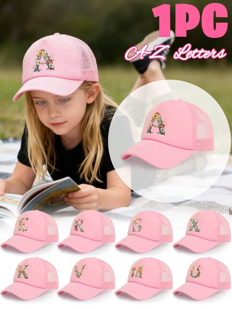 1pc Girls' Colorful Floral & Letter Decor Breathable Mesh Baseball Cap, 26 Letters Customizable, Sweet & Fresh , Lightweight Perforated Design, Suitable For Spring/Summer, Casual, School, Birthday, Holiday Gift - Pink - View 1
