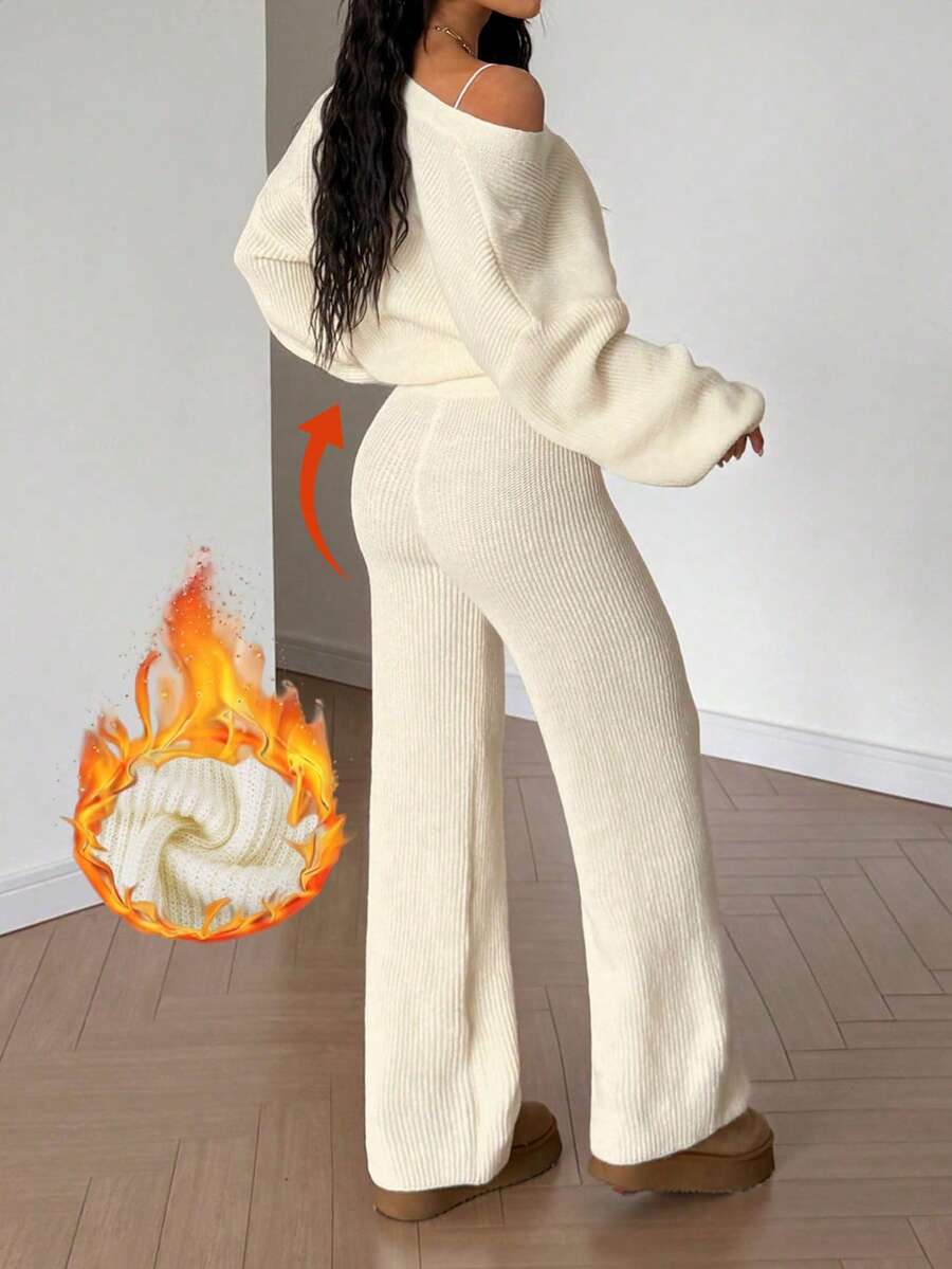 2 Pieces Set Autumn/ Winter New Women's Casual Cute Suits Loose Solid Color Button Cardigan Long-Sleeved Knitted Sweater Top Knit Pants Suitable For Daily Wear Home Loungewear Cozy Chic Fall Winter Going Out Outfits Clothes