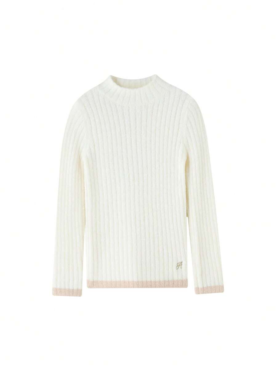 Annil Children's Girls' Mid-Collar Pullover Sweater, Winter, Slim Fit, Elastic, Skin-Friendly, Color-Block, Sweet Knitted Sweater