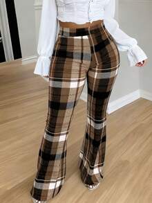 女士时尚新款休闲优雅复古格子印花超短喇叭裤 - 鏽棕色 - 查看 5