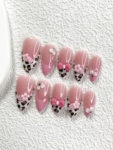 10Pcs Pink Gel Nail Set, Leopard Press-On Nails, Hand-Painted French Nail Stickers,3D Glamorous Floral Elements Fake Nails,Small Pink Five-Petal Flower Nail Charms,3 Sizes Available, Almond Nails, Duck Nails, Coffin Nails, Comes With Nail Tools(1 Sheets Jelly Stickers+1PC Nail File)Suitable For Party,Wedding,Fall Winter, Casual And Daily Wear Supplies Nails. - Nhiều màu - Xem 3