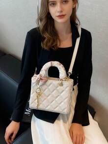 今年流行菱格漆皮百搭单肩斜挎包时尚手提小方包 - 米色 - 查看 2