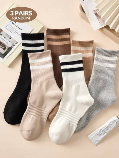 3 Pairs Women's Striped Pattern Fashion Casual Mid-Calf Socks, Breathable & Comfortable, Suitable For Sports, Random Colors, Suitable For Daily Wear And Outings, All Seasons