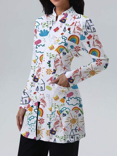 cimmuovere Women's Rainbow Print Zip Front Scrubs Jacket With Pockets, Nurse Uniform, Workwear For Dentist, Healthcare, Pet Hospital, Laboratory