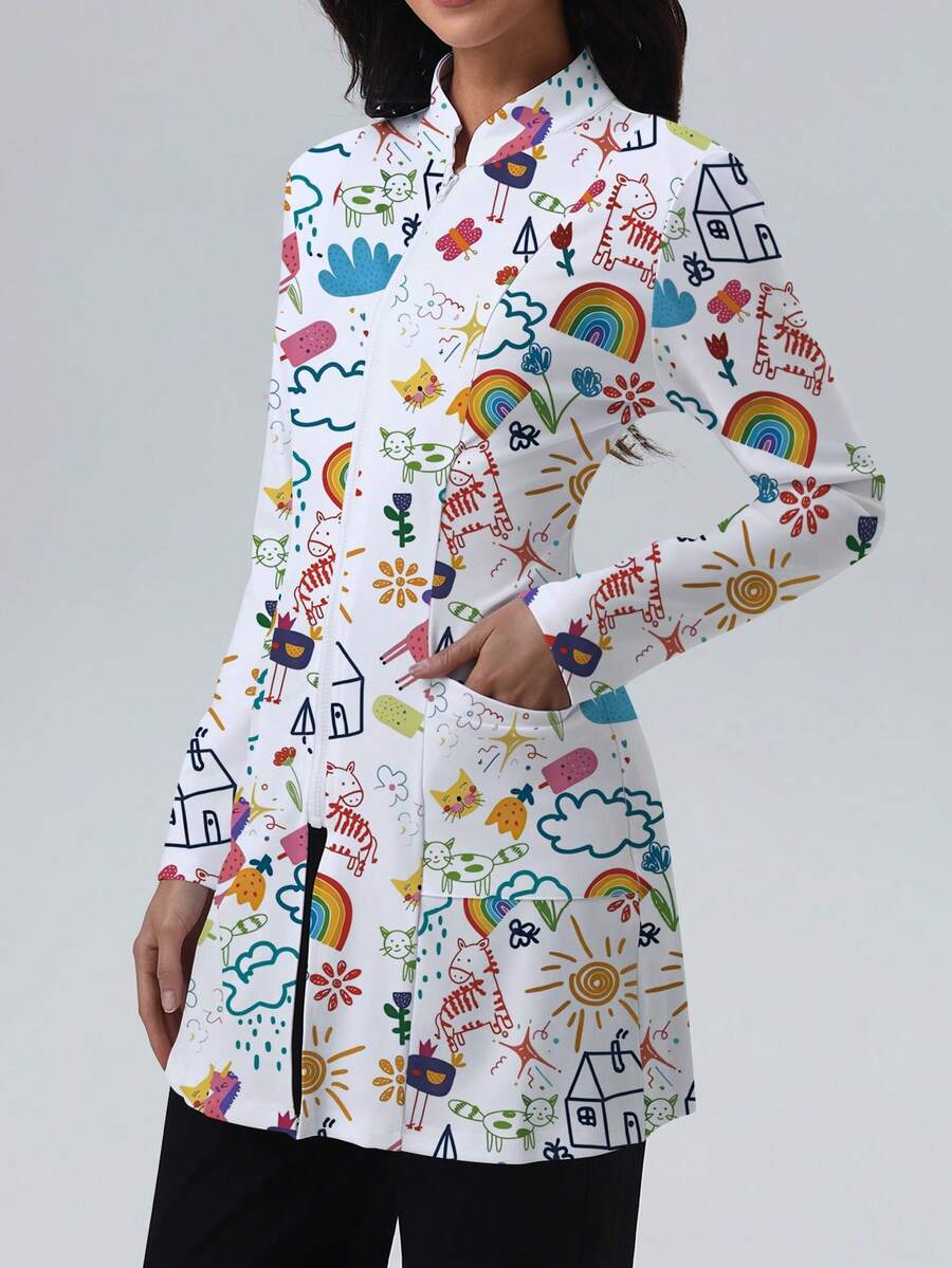 cimmuovere 女式彩虹印花拉链前开式手术服夹克，带口袋，护士制服，牙医、医疗保健、宠物医院、实验室工作服