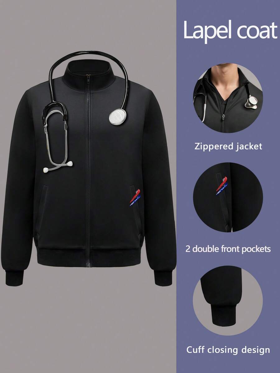 cimmuovere Men's Long Sleeve Open Front Multi-Pocket Turndown Collar Scrubs Nurse Scrubs Workwear Dentist Healthcare Pet Hospital Laboratory Medical Uniform - Black - View 1