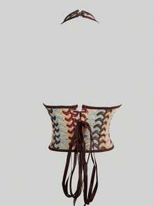 Yuwenier 性感V领豹纹露背吊带背心，正面饰有镂空孔眼，背面系带，露背塑身衣，适合生日派对和夜店狂欢。 - 棕色 - 查看 5