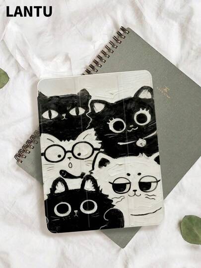 1件装卡通猫咪正负空间油画风格平板电脑保护套，兼容苹果iPad 10.2英寸、iPad Pro 11英寸（2020/2021款）、iPad（第九代/第十代）11英寸、iPad Air（第四代）10.9英寸、Galaxy Tab S6 Lite 10.4英寸，防摔，带笔槽，支持睡眠/唤醒功能，是送给平板电脑用户的浪漫礼物。