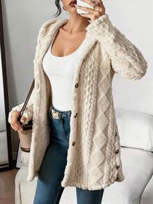 Women'S Elegant Fleece Hooded Cardigan With Jacquard Design - Soft Warm Winter Coat, Mid-Length Button-Front Closure, Cozy Long Sleeve Sweater For Fall & Winter, Casual To Semi-Formal Outfits (No Belt, Easy On/Off) - Versatile   Women'S Autumn Winter Long Cardigan Sweater, Casual Simple Fashion Fleece-Lined Textured Pattern Straight Sleeve Button Hooded Long Coat, Ropa De Invierno Mujer,Cardigan For Women,Women's Sweaters,Fuzzy Hooded Coat,Faux Fur Button Coat, Fluffy Long Sleeve Jacket ,Black Fuzzy Hooded Coat, Beige Fuzzy Button Jacket,Fall Winter Warm Fuzzy Coat,Old Money Fuzzy Coat,Cozy Fuzzy Outerwear - 白色 - 查看 4